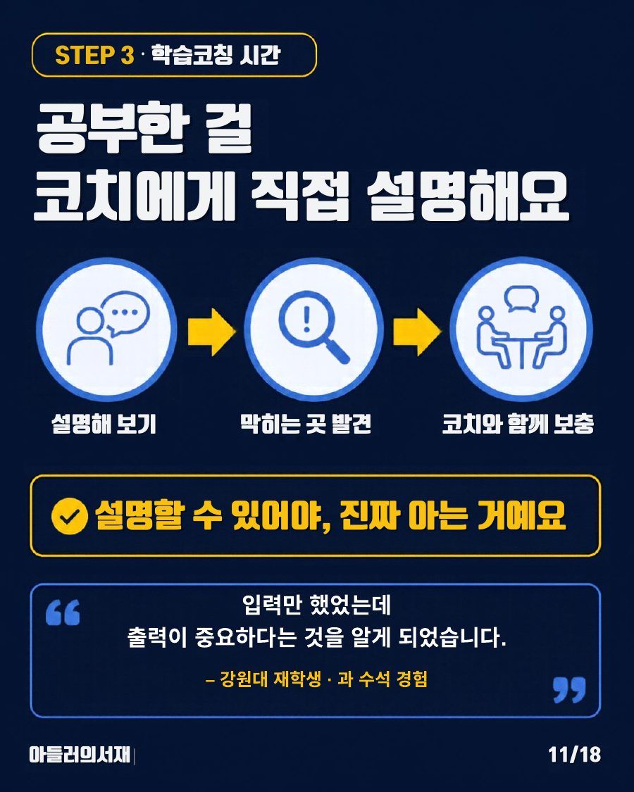카드뉴스 11/18: STEP 3 학습코칭 시간: 공부한 걸 코치에게 직접 설명하고, 막히는 곳을 함께 보충