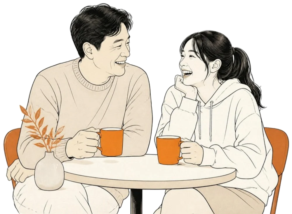 카페에서 웃으며 대화하는 아빠와 딸 일러스트
