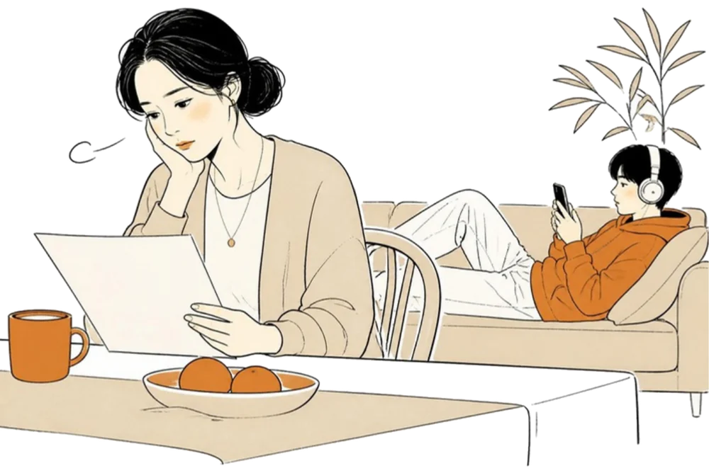 성적표를 보며 한숨 쉬는 엄마와 소파에서 휴대폰만 보는 아들 일러스트