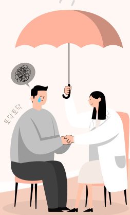 고민하는 사람에게 우산을 씌워 주는 코치 일러스트